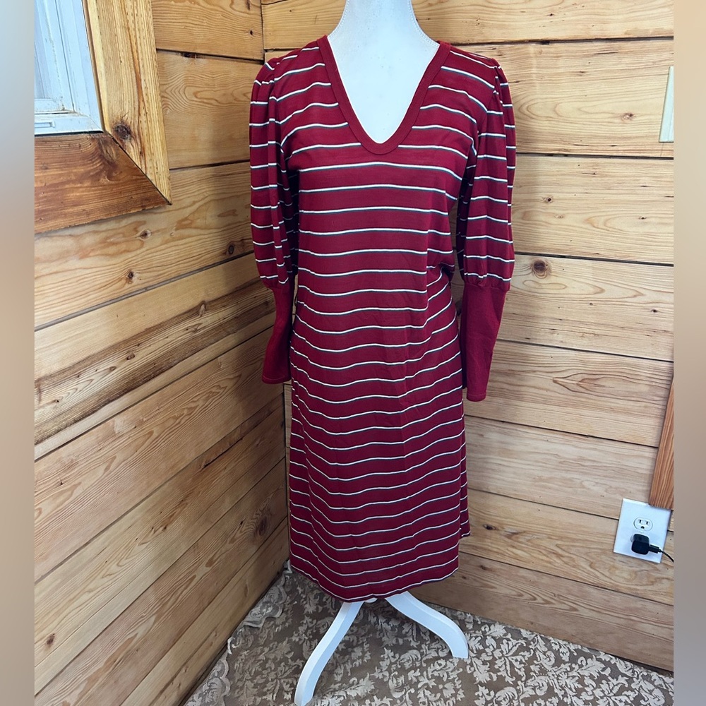 Women’s‎ Medium Striped V-Neck Red Midi Dress Casual Office Lounge Art Student